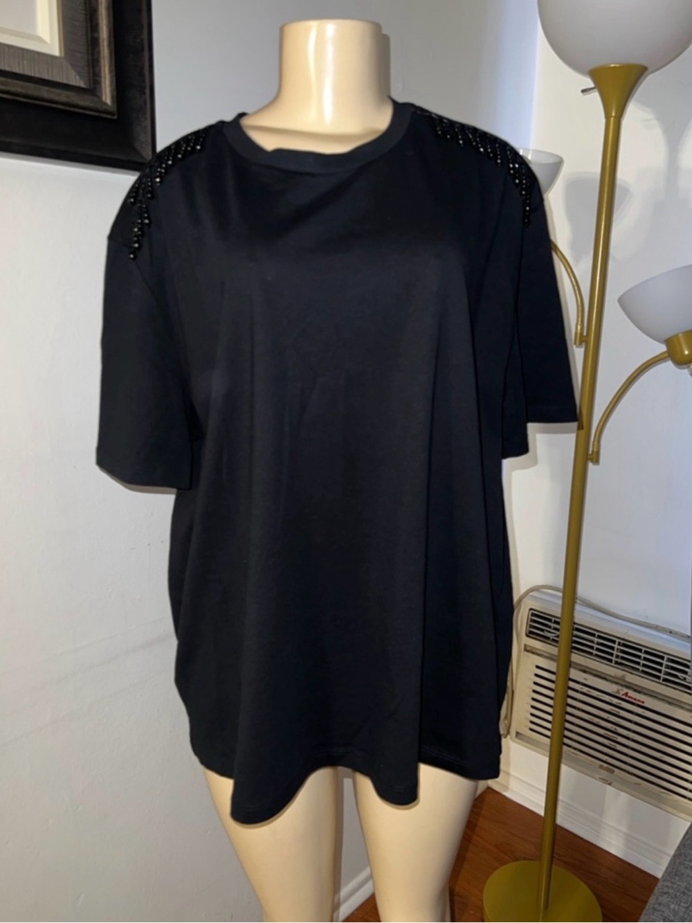 Zara Black Short Sleeve Top with Beaded Shoulder Detail